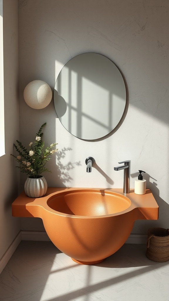 A matte terracotta sink with a round mirror and natural decor, highlighting a cozy bathroom design.