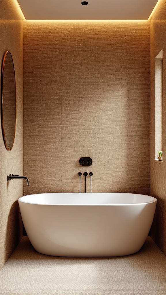 A modern bathroom featuring a freestanding bathtub, textured fabric wallpaper, and a simple design.