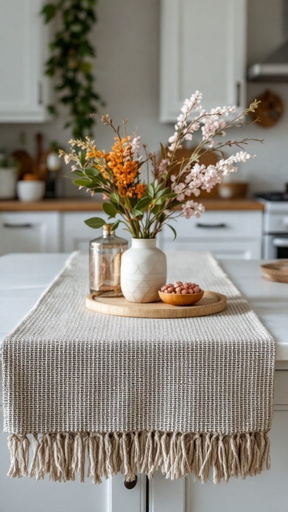 A kitchen island adorned with a textured table runner, fresh flowers in a vase, a round tray with snacks, and a cozy atmosphere.