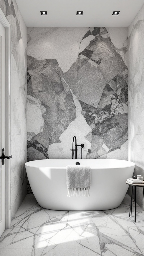 A stylish wet room bathroom featuring a large white tub and textured gray wall finishes.