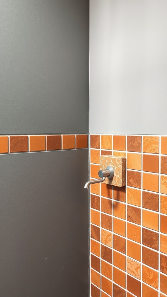 A bathroom corner showcasing matte grey wall and terracotta tiled wall.