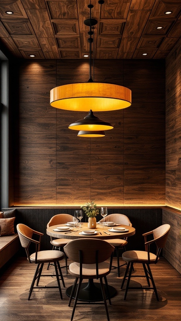 A modern dining area with textured wood ceiling panels and stylish lighting.