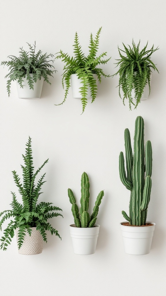 A collection of ferns and cacti arranged on a wall.