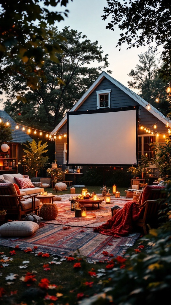 Cozy backyard cinema setup with a large screen, seating, and decorative lights.