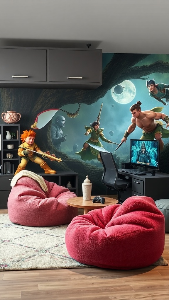 Cozy teenage boys gaming room with bean bags and a fantasy-themed mural