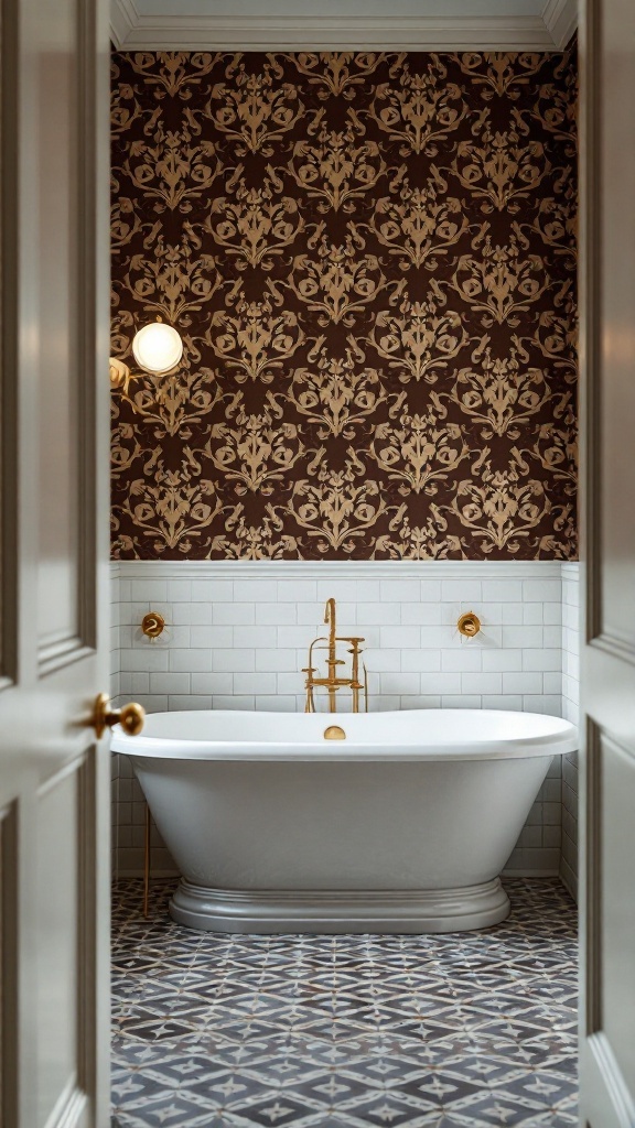 A bathroom featuring elegant damask wallpaper in rich colors