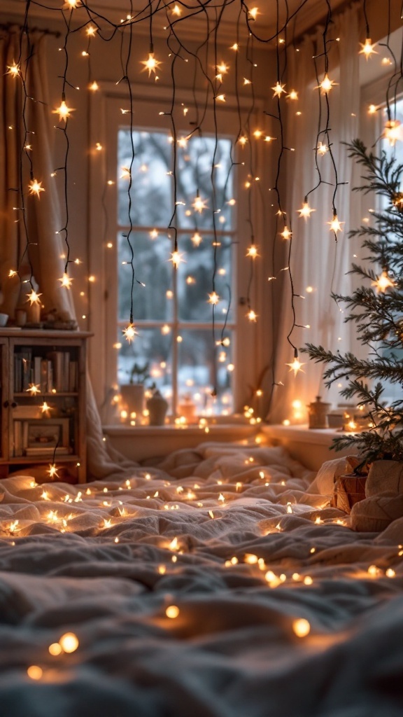 Cozy room decorated with fairy lights and a warm ambiance