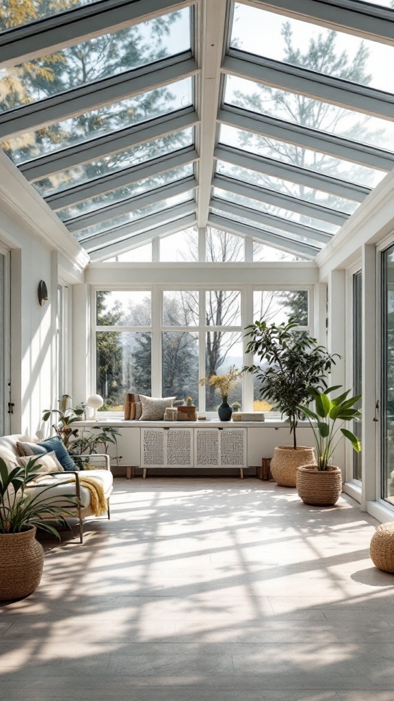 A bright room with translucent panels, showcasing plants and comfortable seating options.