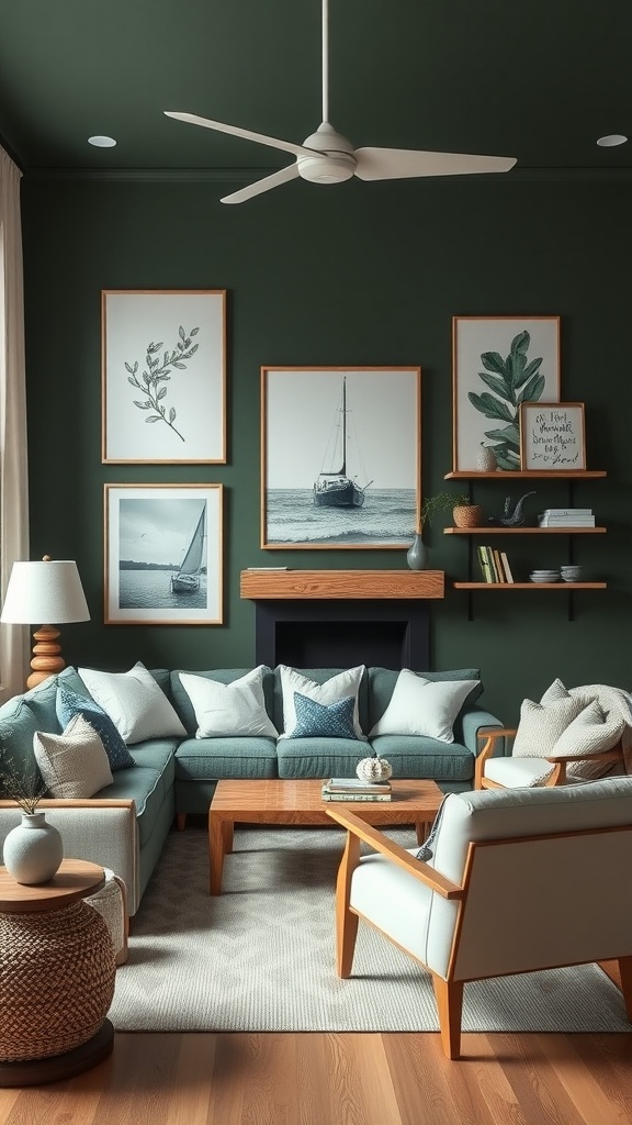 Coastal living room with dark green walls and light furniture, featuring nautical artwork.