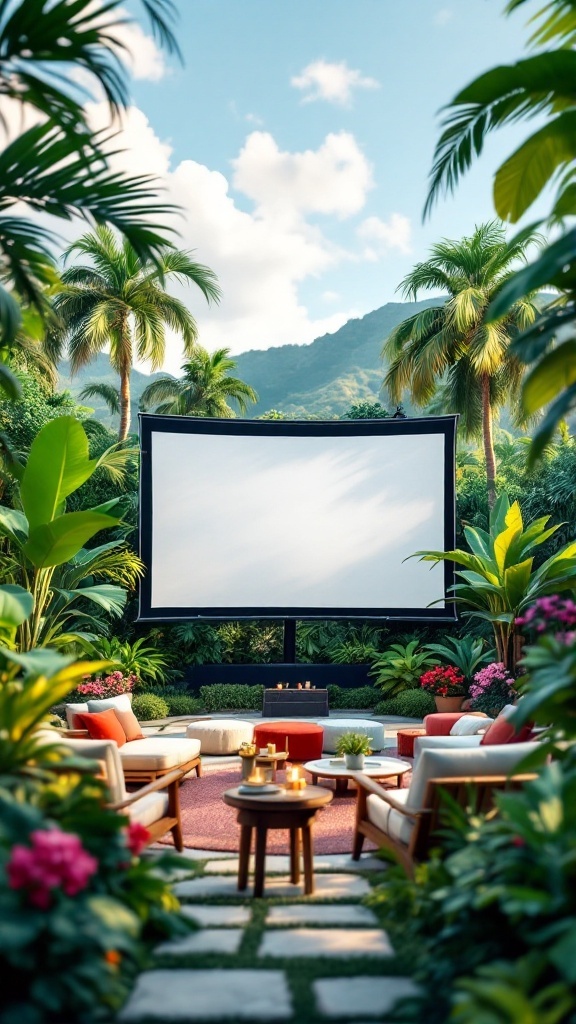 A tropical garden cinema setup with a large screen, comfortable seating, and lush greenery.