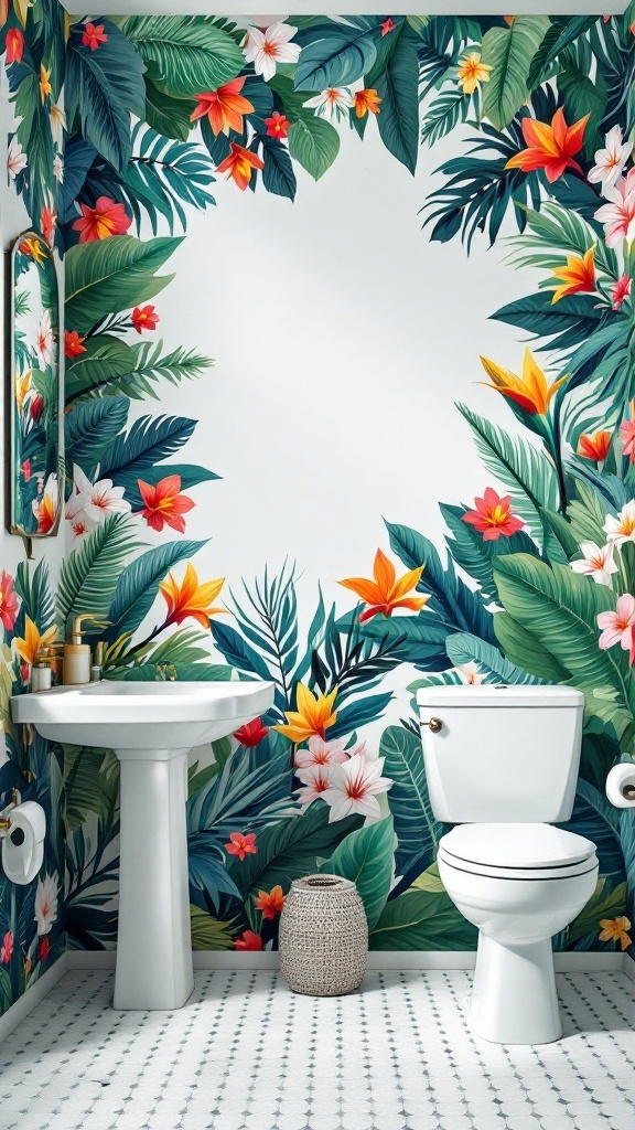 Bathroom with tropical wallpaper featuring colorful flowers and green leaves