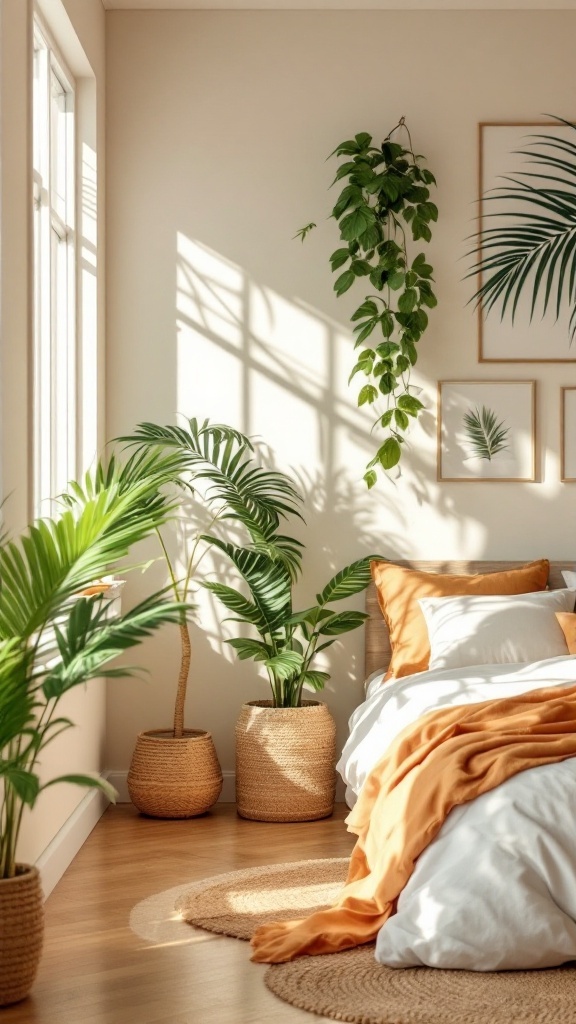 A cozy bedroom with tropical plants, warm bedding, and natural light.