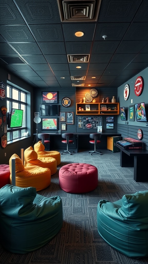 Cozy gaming room with colorful bean bags, sports memorabilia, and screens for gaming and sports viewing.