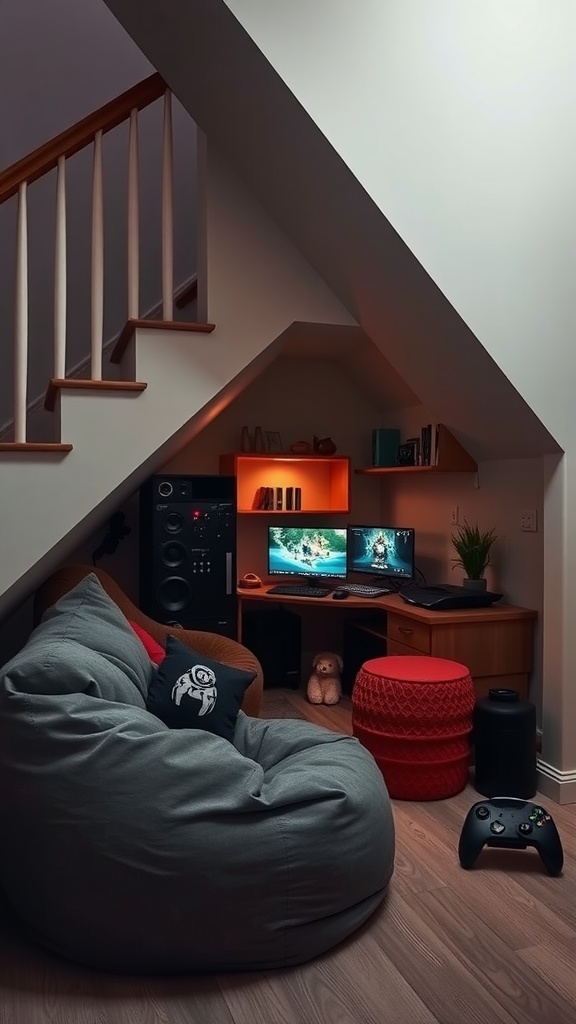 Cozy under-the-stairs gaming nook with bean bags, computer setup, and warm lighting.