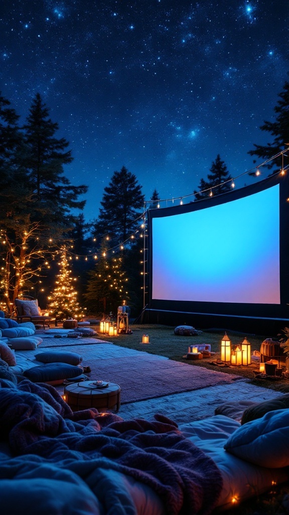 A cozy backyard cinema setup with cushions, lanterns, and a large screen under a starry sky.