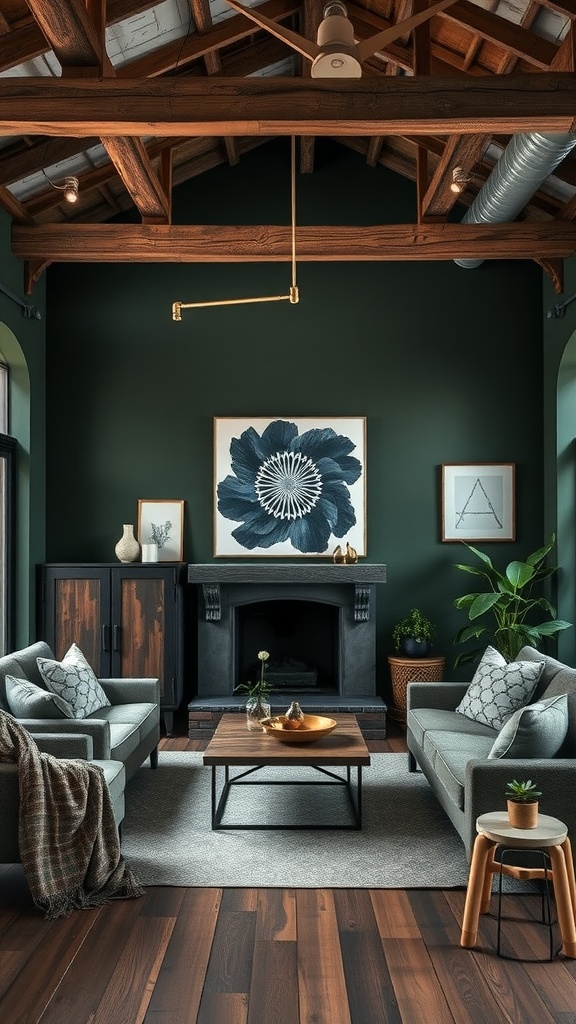 Urban rustic living room featuring dark green walls, wooden beams, and stylish furniture.