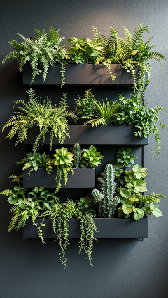 Vertical planters with various plants including ferns, cacti, and hanging greenery.