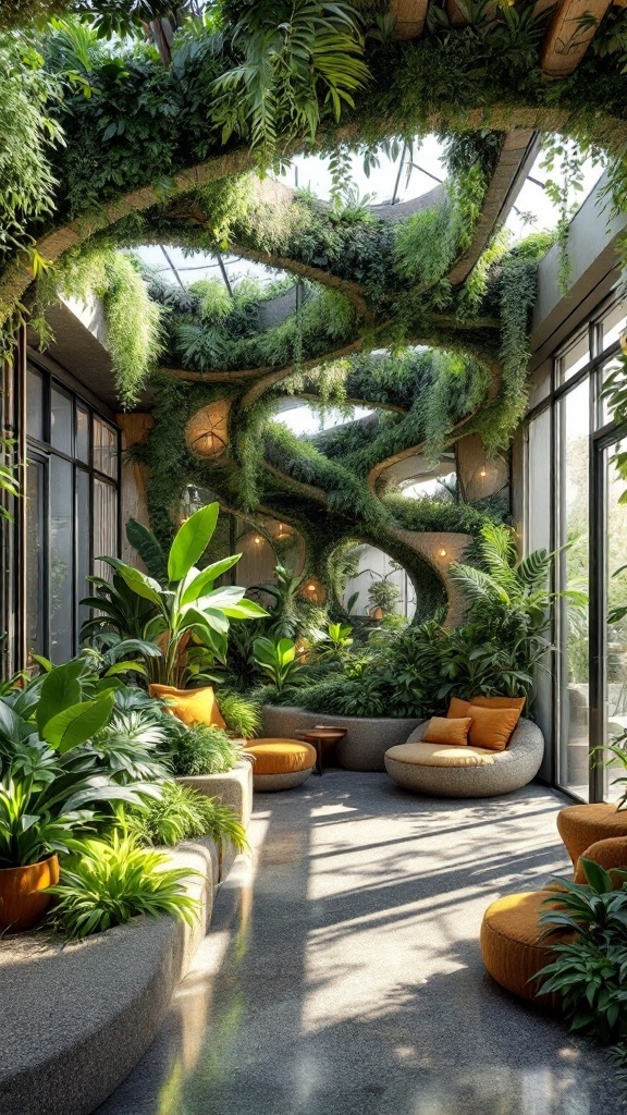 A modern space with a vertical garden ceiling featuring lush greenery and cozy seating