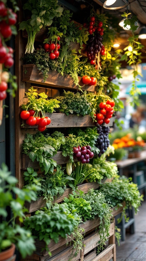 Vertical gardening structure with various herbs and vegetables