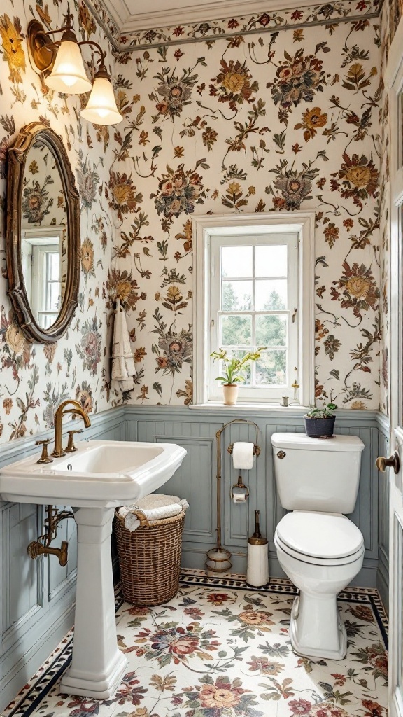 Vintage-style bathroom with floral wallpaper and classic fixtures.