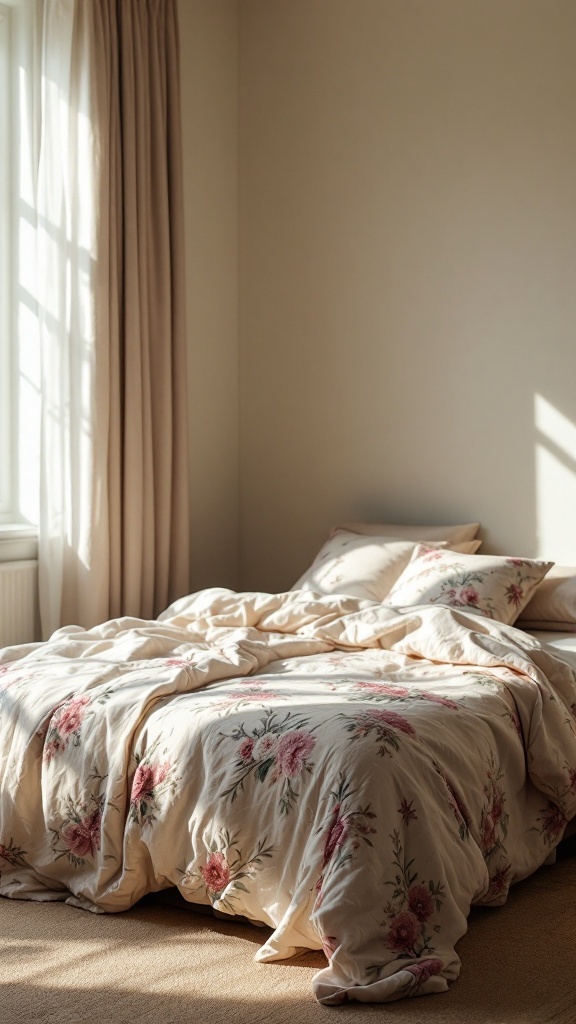 A cozy bedroom with vintage floral bedding, featuring soft colors and a warm ambiance.