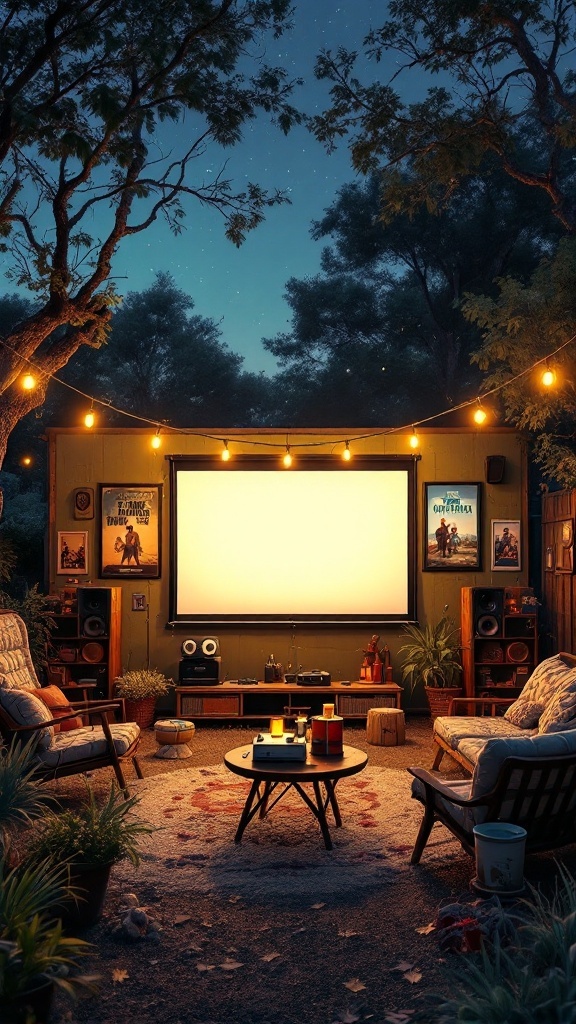 A vintage outdoor movie setup with string lights, a projector screen, and cozy seating.