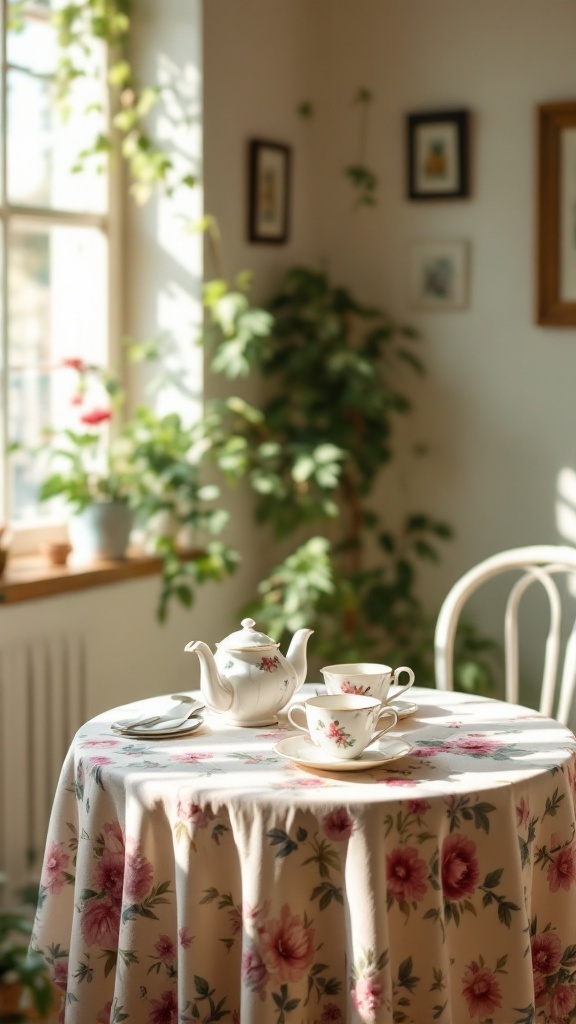 A cozy table setting featuring a vintage tea set with floral designs, surrounded by soft light and greenery.