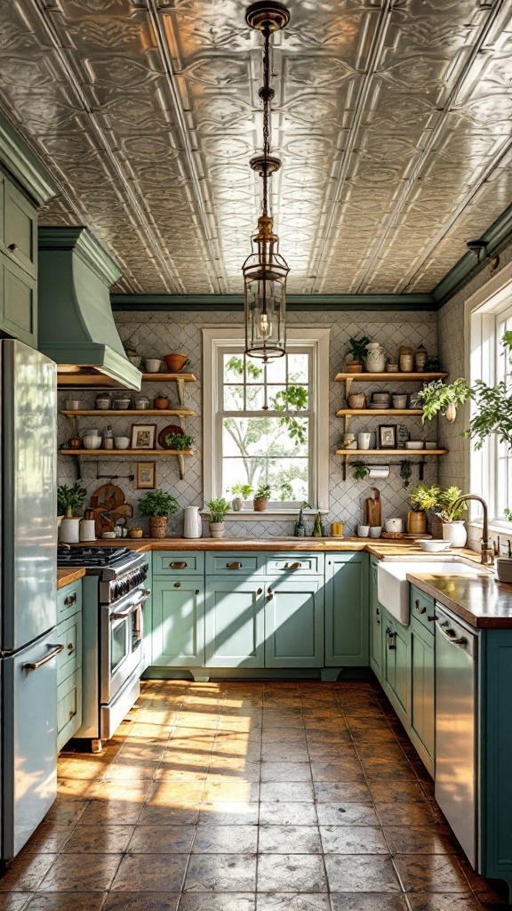 A cozy kitchen featuring vintage tin tiles on the ceiling, with colorful cabinets and natural light.