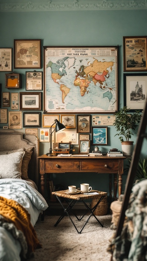 A vintage travel-inspired bedroom featuring a map wall, framed travel memorabilia, and a cozy ambiance.