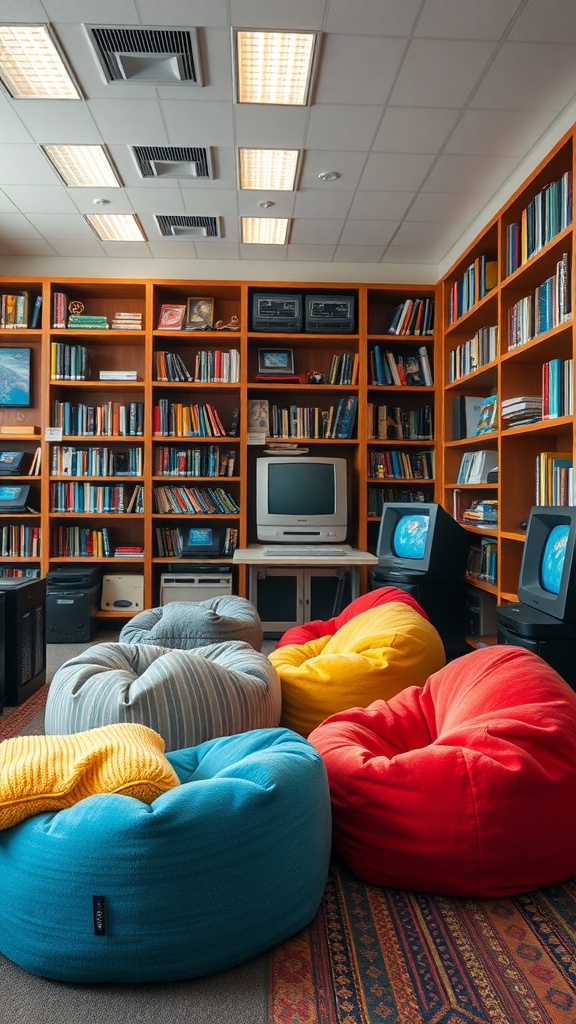 Cozy gaming room with vintage video game library and bean bags