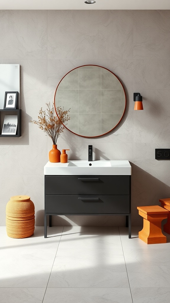 A modern bathroom featuring a wall-mounted matte vanity with terracotta accents, including decorative vases and lighting.
