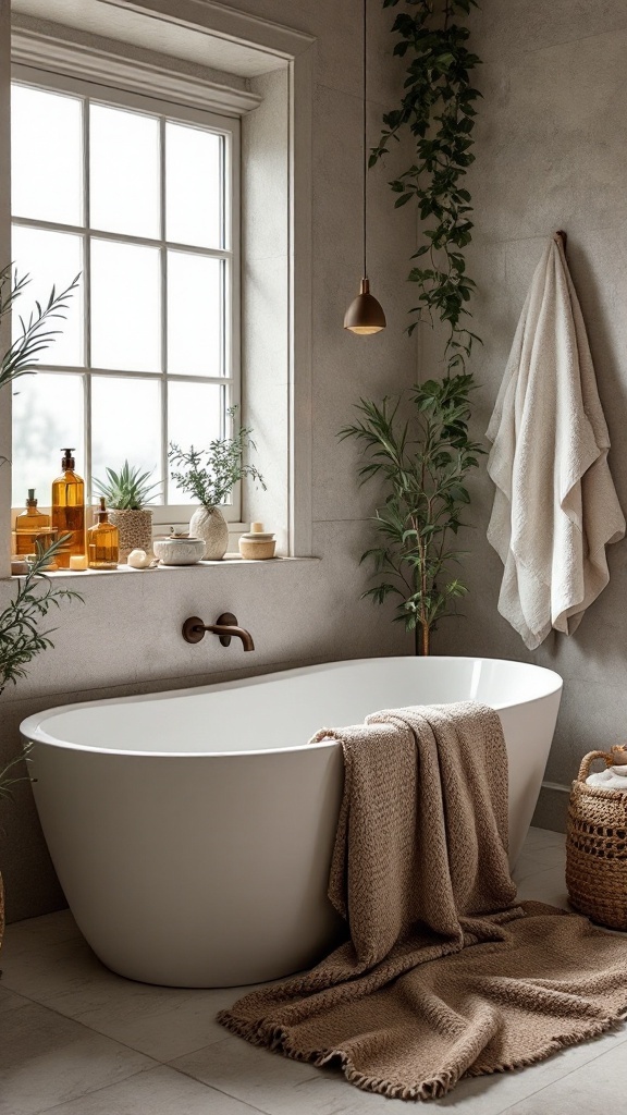 A cozy wet room bathroom featuring a freestanding tub with warm textiles and natural decor.