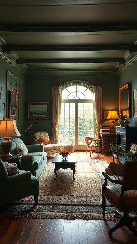 Traditional living room with dark green walls, cozy seating, and natural light