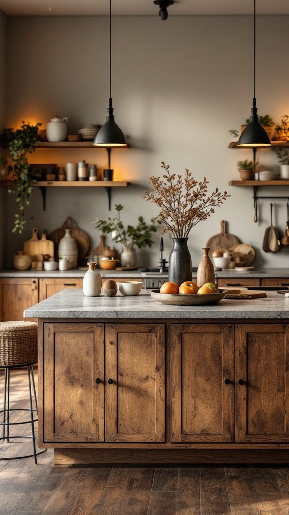 A cozy kitchen island styled with warm earthy tones, featuring wooden cabinets, decorative vases, and fresh fruits.