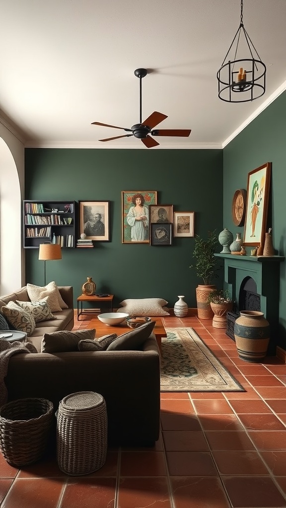 Warm Mediterranean living room featuring dark green walls, cozy sofa, and terracotta tiles.