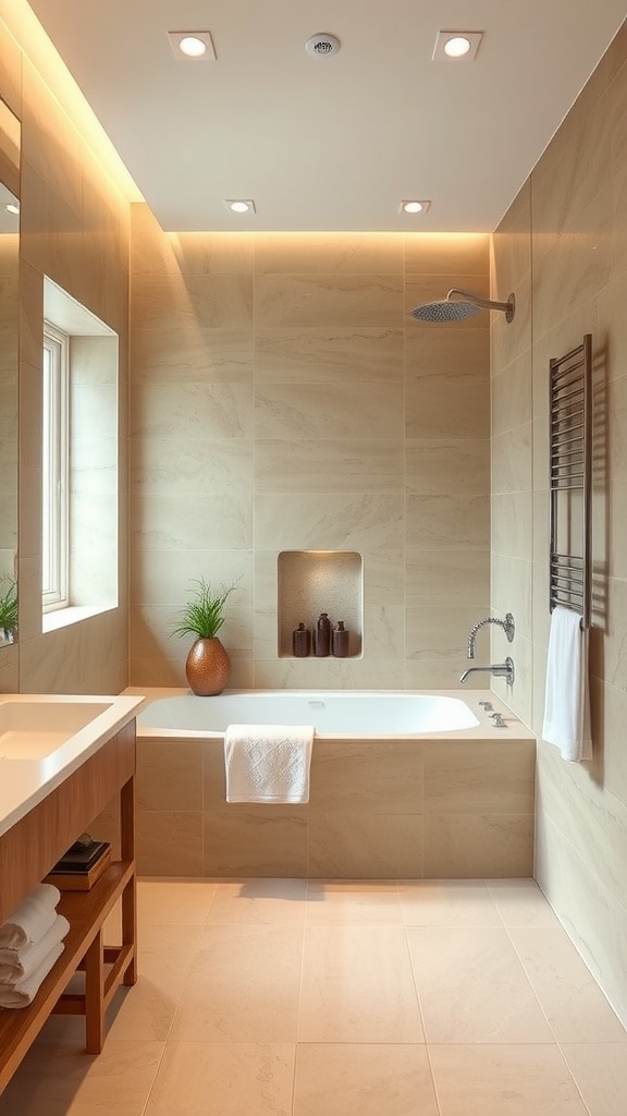 A modern wet room bathroom featuring a warm neutral color palette with natural materials.