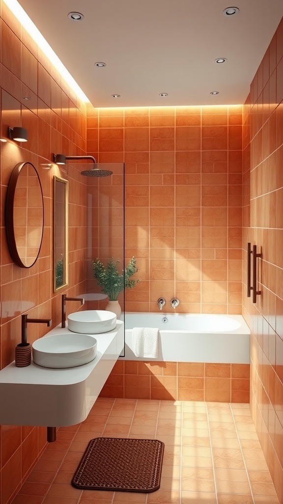 Modern bathroom featuring terracotta tiles and warm accents