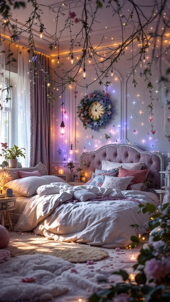 A beautifully decorated bedroom with pastel colors, fairy lights, and floral elements, creating a whimsical fairy tale ambiance.