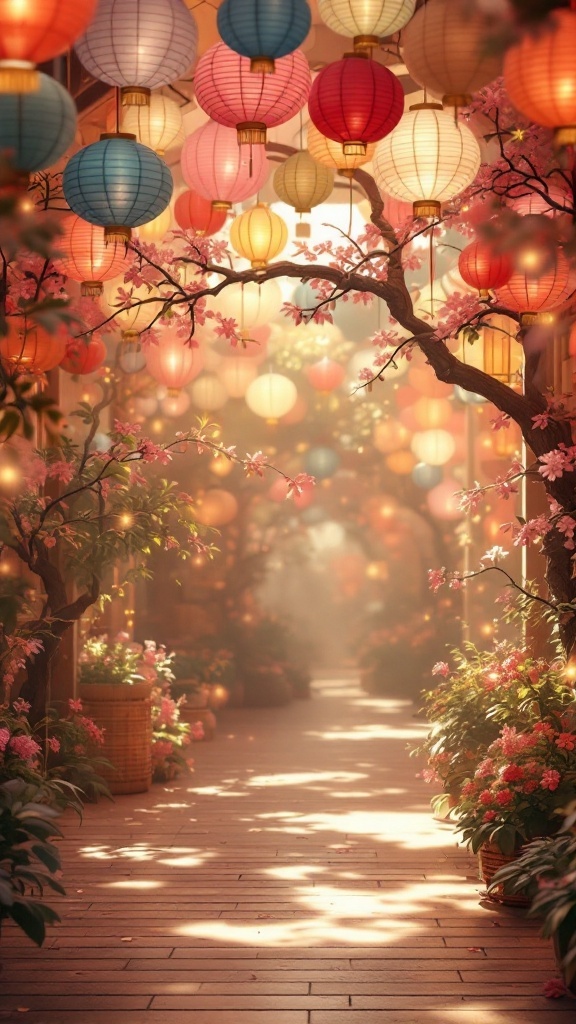 A pathway adorned with colorful paper lanterns and blooming flowers, creating a whimsical and cozy atmosphere.