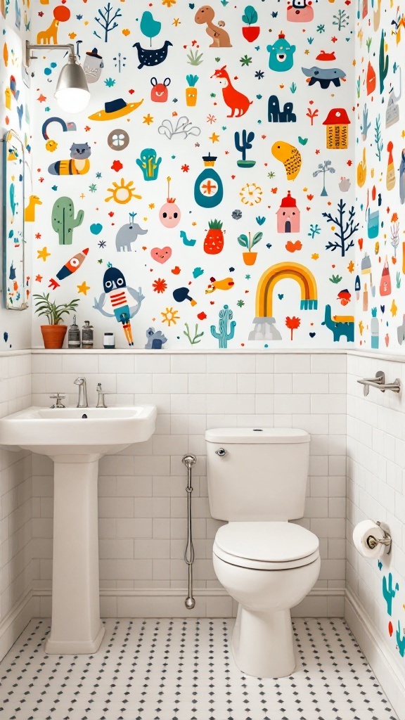 A bathroom featuring colorful whimsical wallpaper with playful characters and designs.