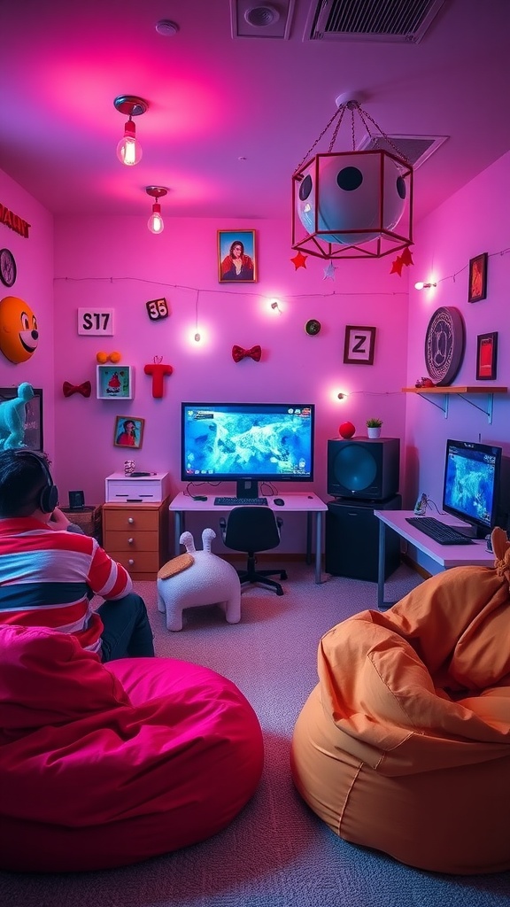 A cozy teenage gaming room with vibrant lighting, bean bags, and gaming setups.