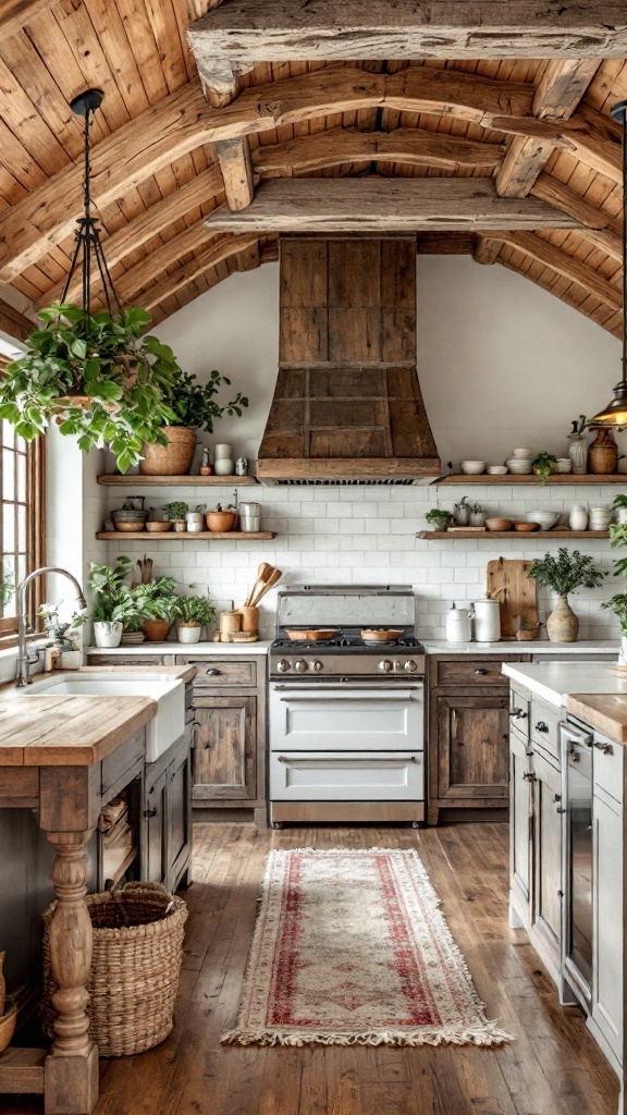 A cozy kitchen featuring a wooden barrel ceiling with a rustic aesthetic.