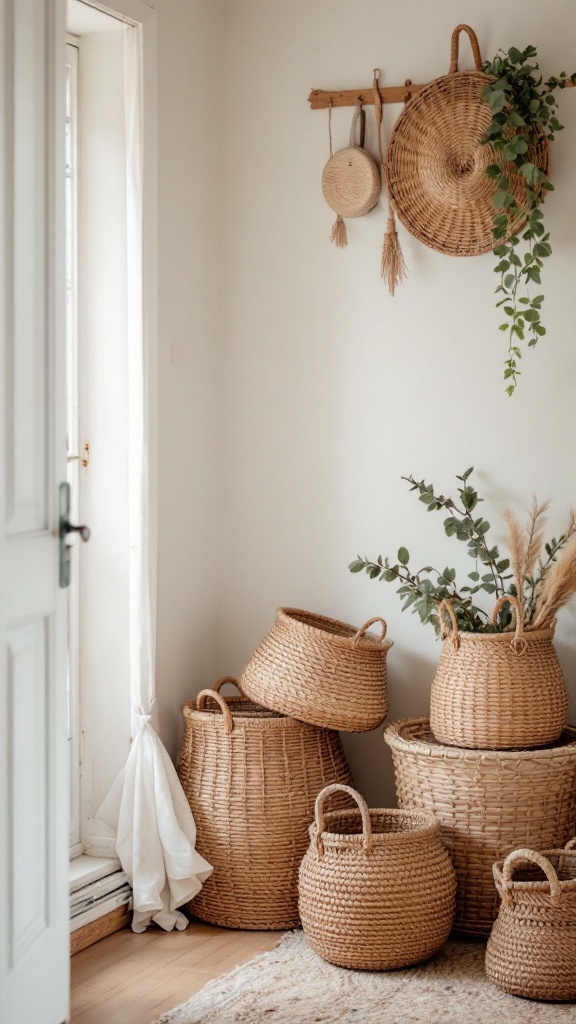 A collection of woven baskets in a cozy room setting