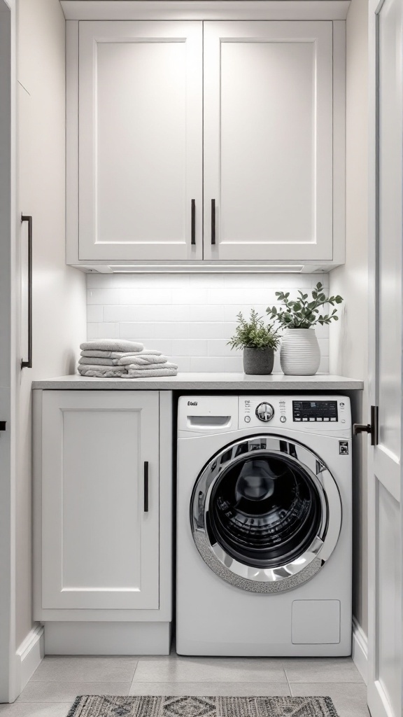 A modern laundry room featuring an all-in-one washer/dryer unit in white cabinets.
