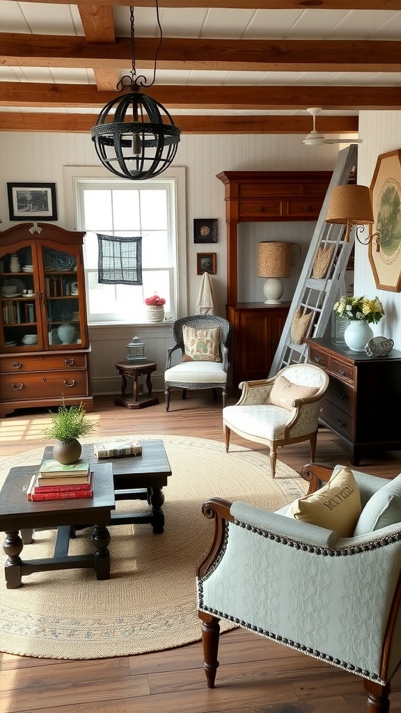 A cozy farmhouse living room with antique furniture, featuring a wooden coffee table, vintage chairs, and a warm color palette.