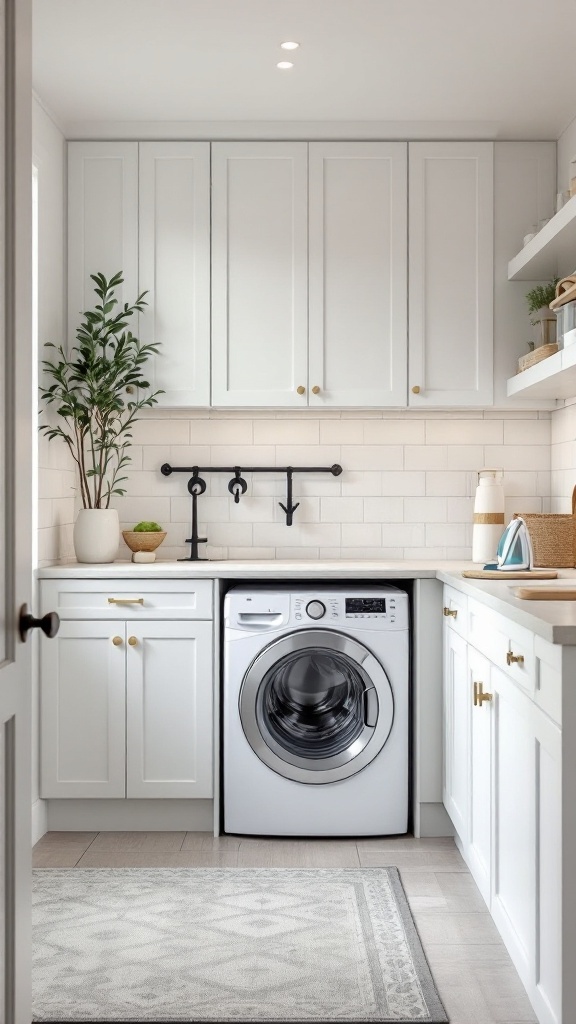 A well-organized laundry room featuring white cabinetry and a built-in ironing board.