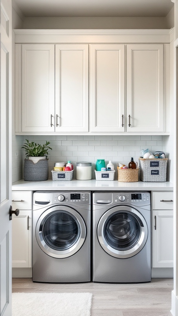 White laundry room with organized cabinets and color-coordinated storage bins.