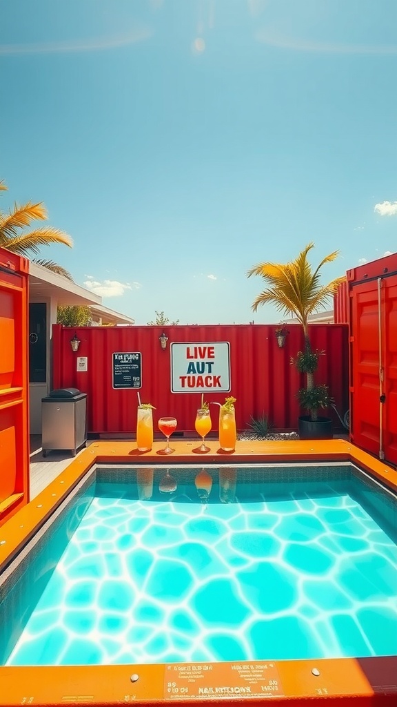 Container pool with swim-up bar featuring colorful drinks and sunny atmosphere.