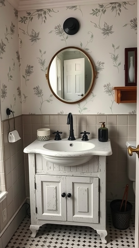 A bathroom featuring a cottage-style apothecary sink with a round mirror and floral wallpaper.