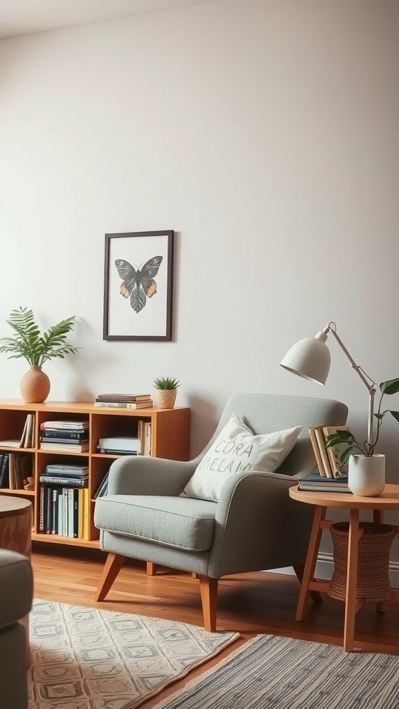 A cozy reading corner featuring a comfortable chair, a side table with a plant, and bookshelves.
